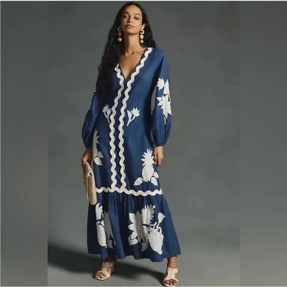 Farm Rio Dress Embroidered Flounce Maxi in Blue - Picture 3 of 8